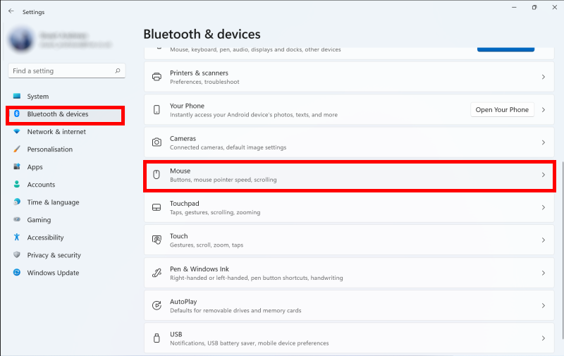 Click Bluetooth & devices then Mouse